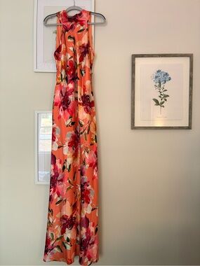 Backless Coral Floral Halter Maxi Dress